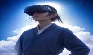 日本一级片VR内容体验图，用户佩戴VR头显沉浸观看，科技感强烈的暗色场景